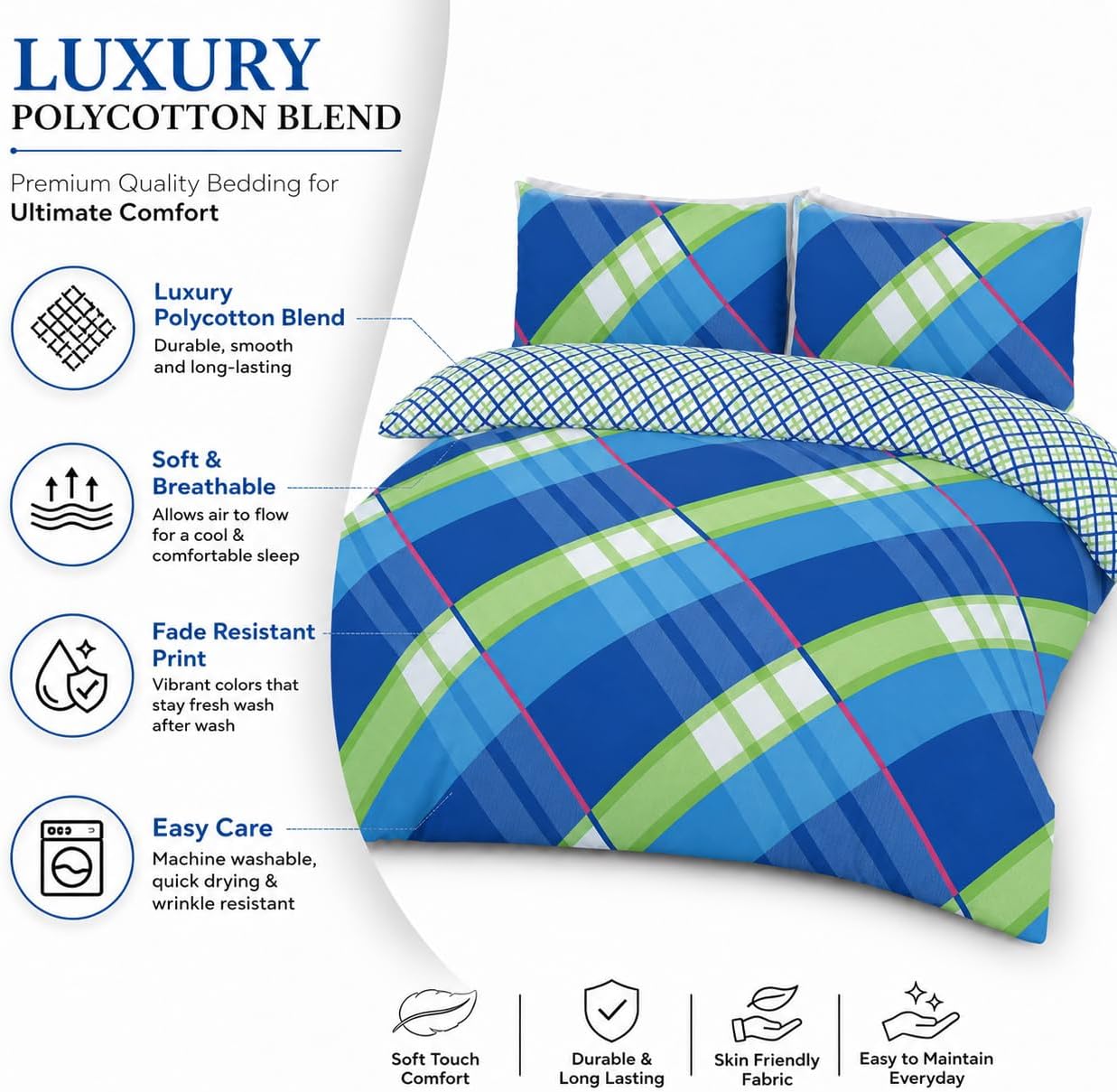 Hardy Check Striped Polycotton Duvet Cover Set – Soft Easy Care Bedding | Night Zone