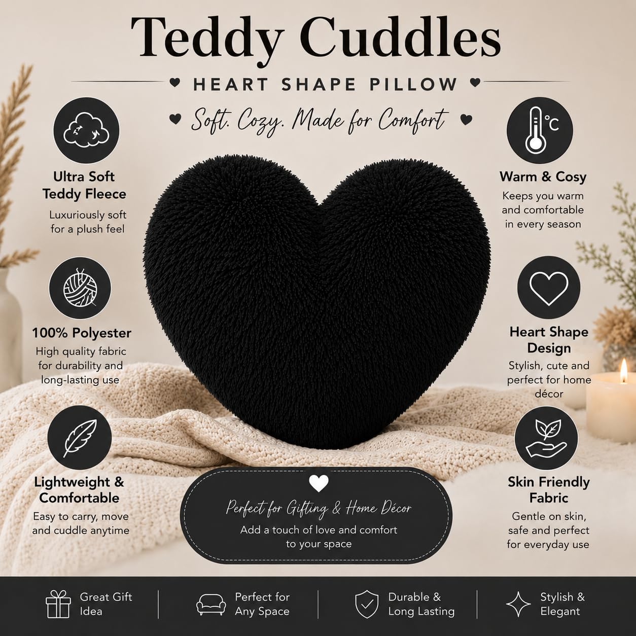 Teddy Cuddles Heart Shape Teddy Fleece Cushion – Soft Filled Decorative Cushion | Night Zone
