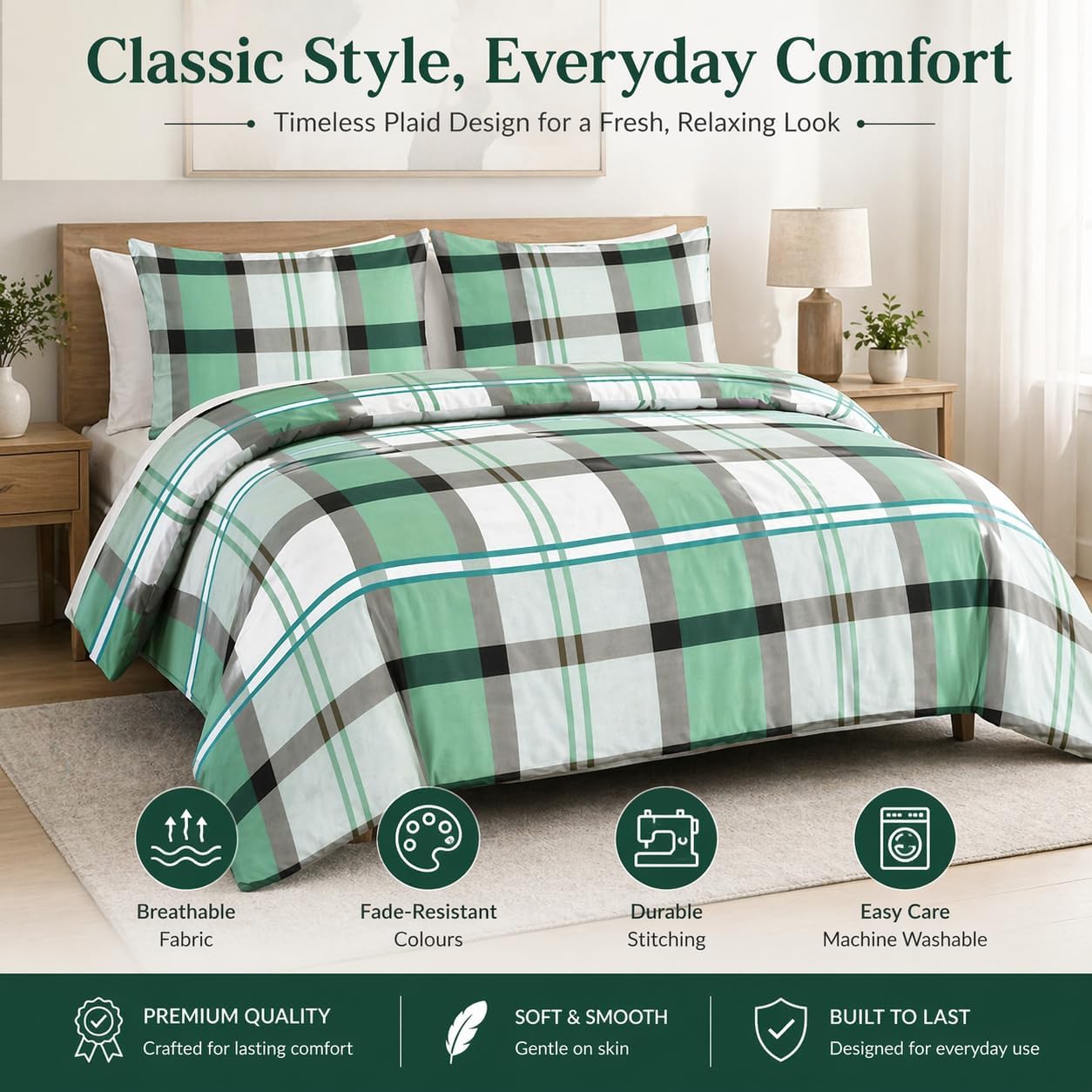 Remi Check Duvet Cover Set – Poly cotton Checked Quilt Cover with Pillowcases | Night Zone