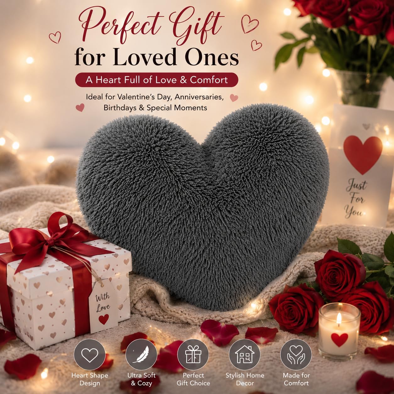 Teddy Cuddles Heart Shape Teddy Fleece Cushion – Soft Filled Decorative Cushion | Night Zone