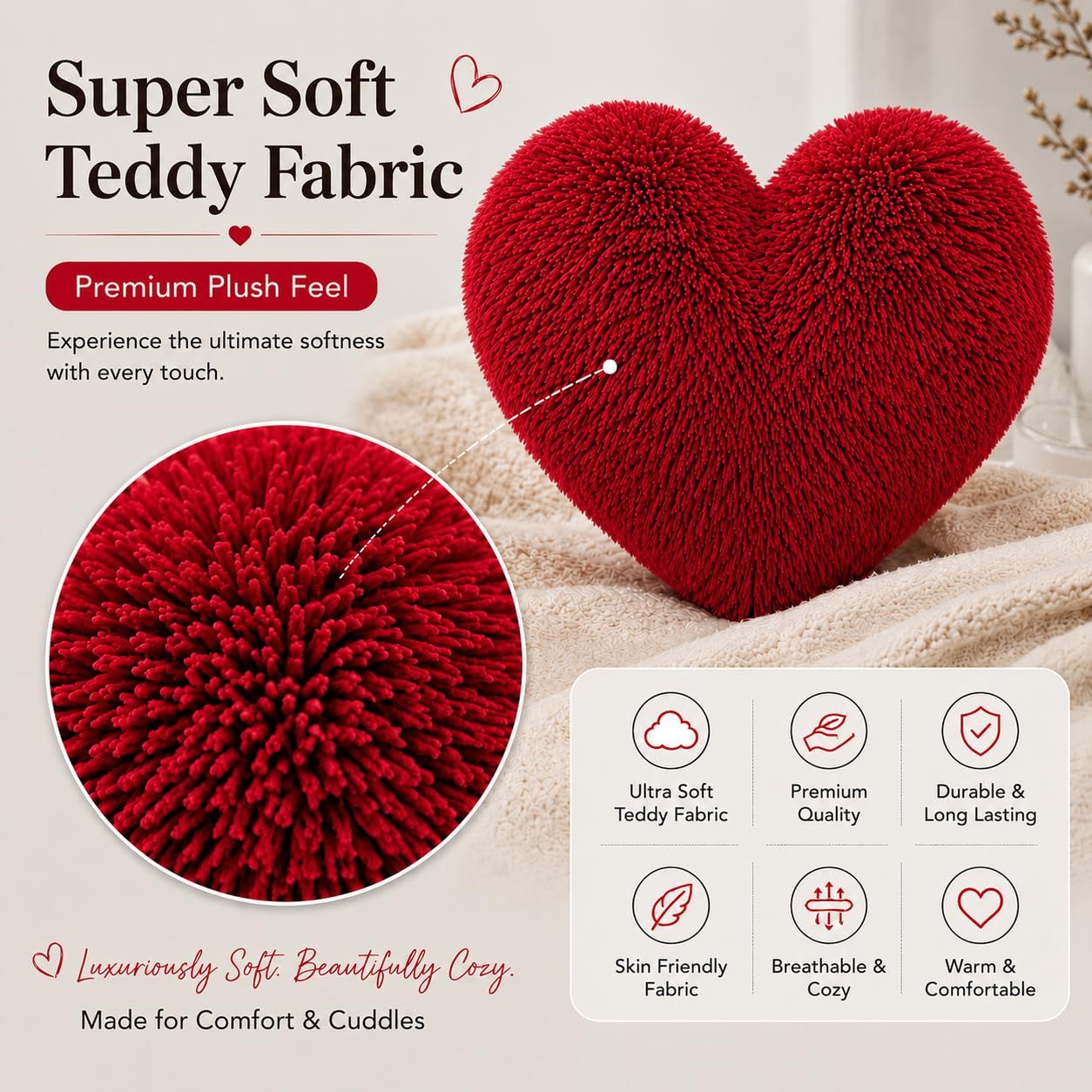 Teddy Cuddles Heart Shape Teddy Fleece Cushion – Soft Filled Decorative Cushion | Night Zone
