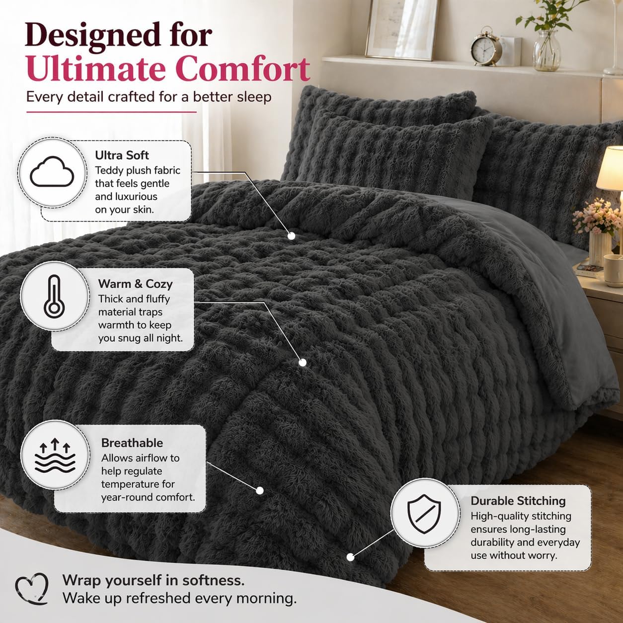 Teddy Square Fleece Duvet Cover Set – Ultra Soft Fluffy Plush Bedding | Night Zone