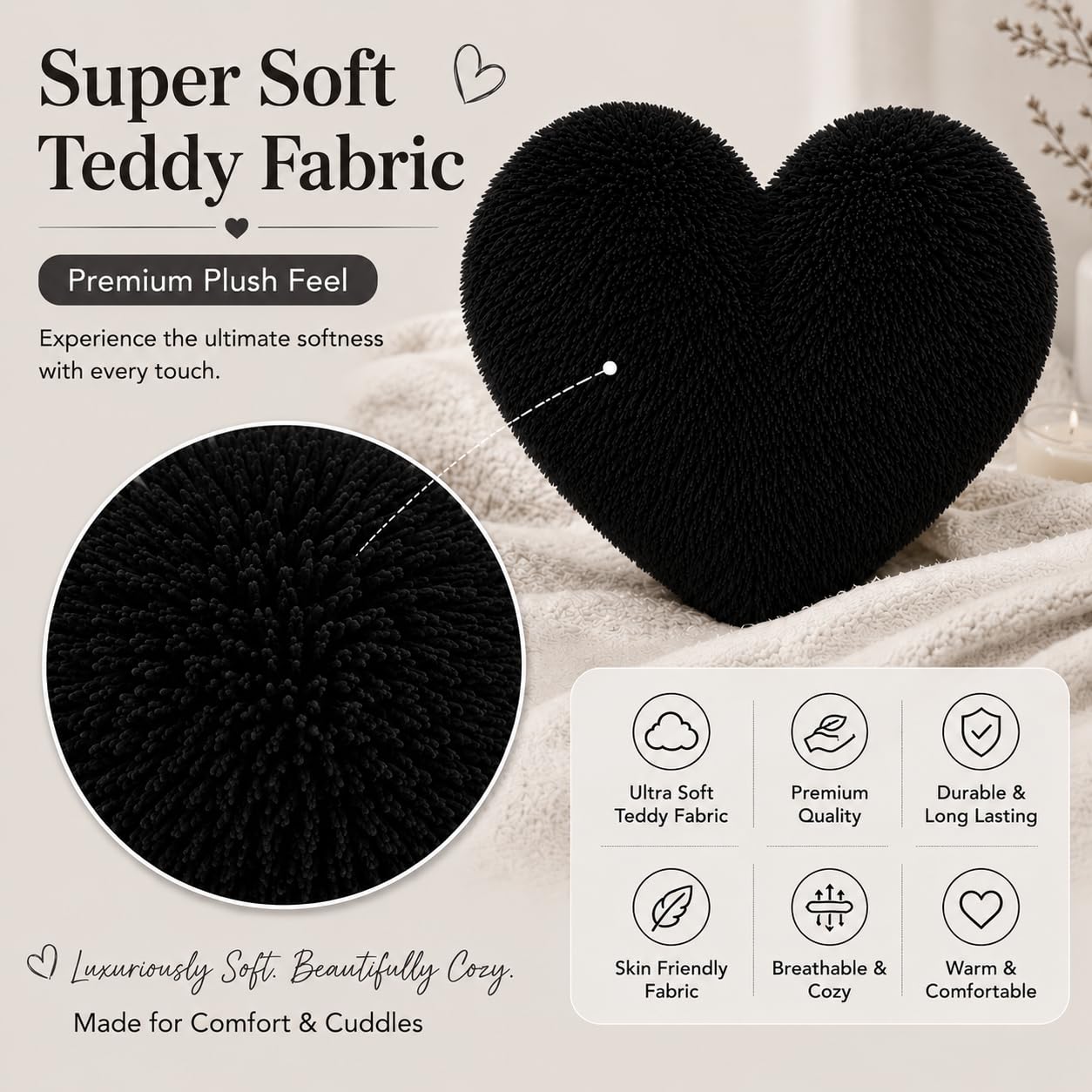 Teddy Cuddles Heart Shape Teddy Fleece Cushion – Soft Filled Decorative Cushion | Night Zone