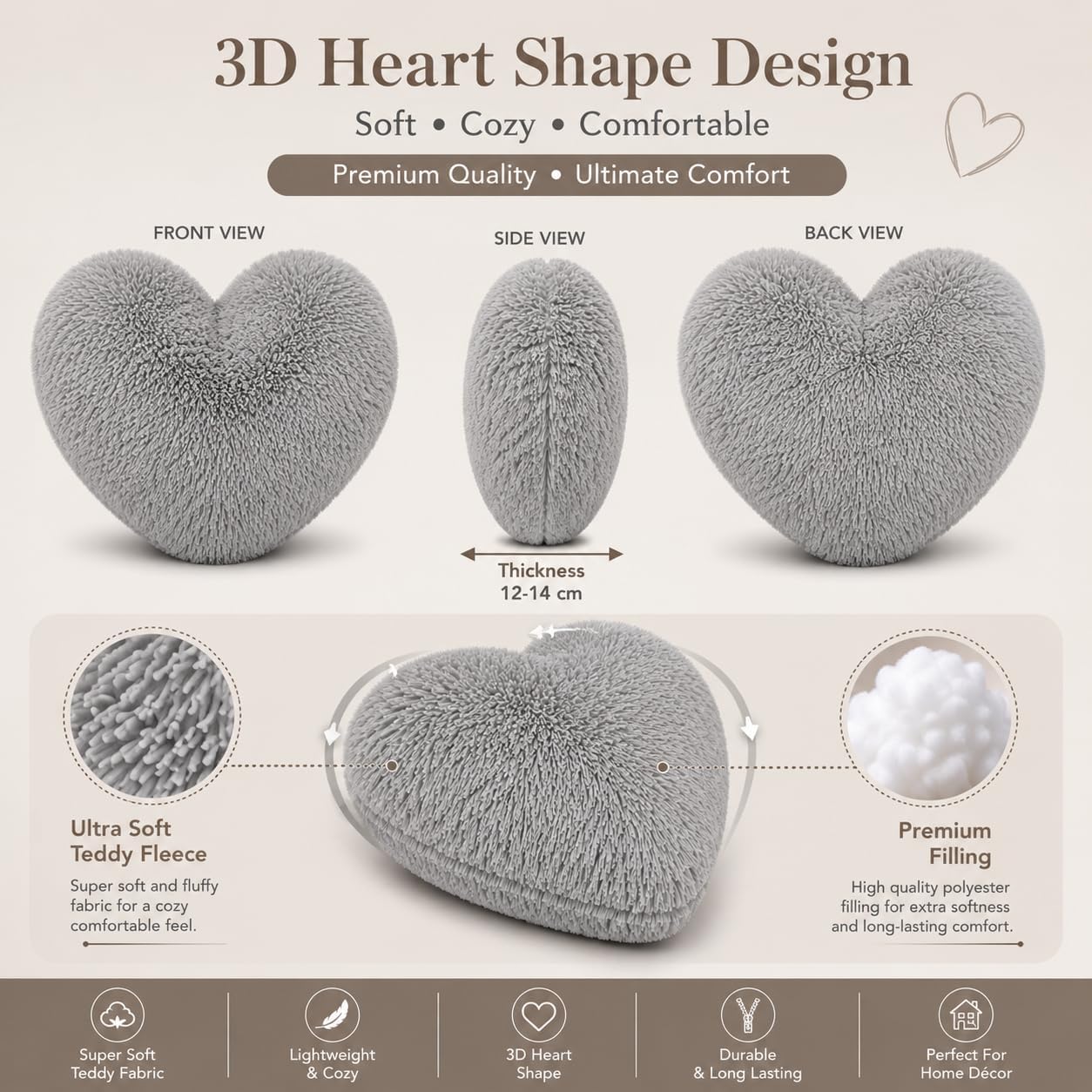 Teddy Cuddles Heart Shape Teddy Fleece Cushion – Soft Filled Decorative Cushion | Night Zone