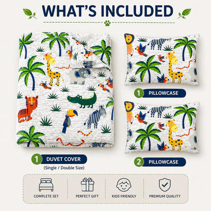 Animals Jungle Design Printed Duvet Cover Set – Safari Kids Bedding | Night Zone