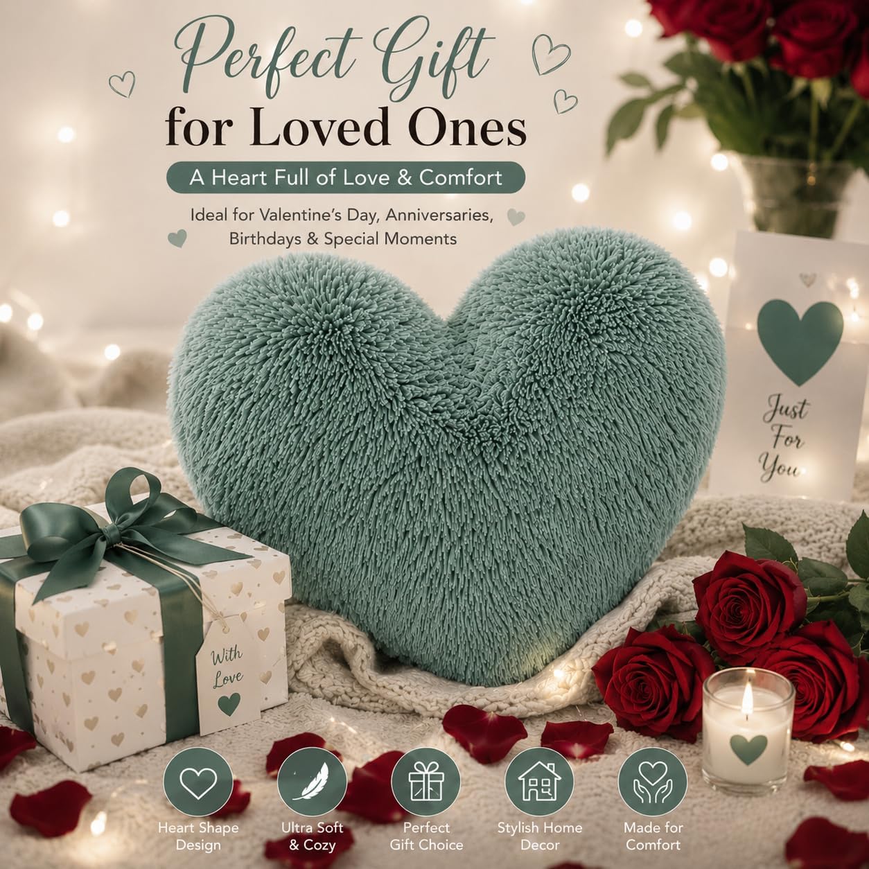 Teddy Cuddles Heart Shape Teddy Fleece Cushion – Soft Filled Decorative Cushion | Night Zone