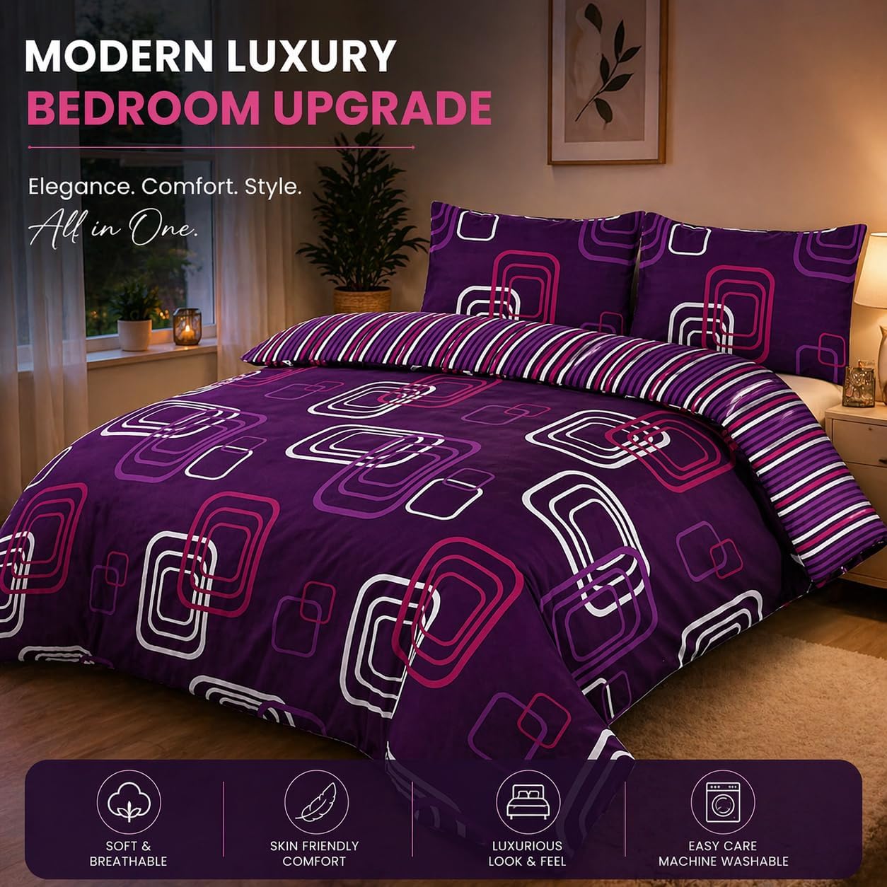 Blake Geometric Printed Polycotton Duvet Cover Set – Modern Easy Care Bedding | Night Zone