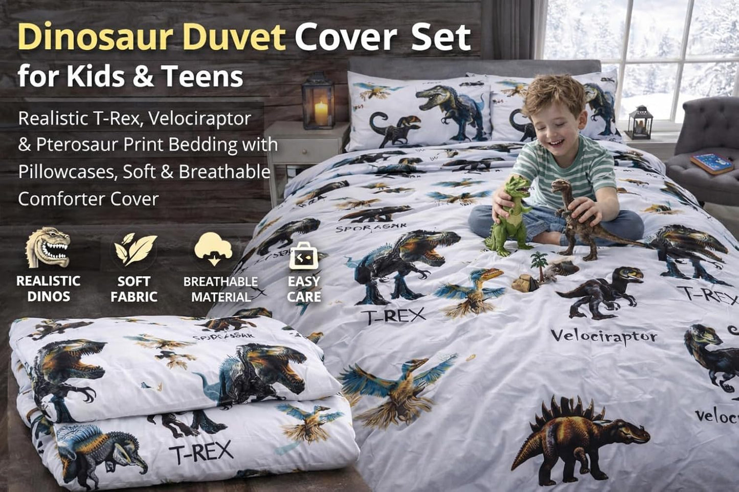 Dinosaur Polycotton Duvet Cover Set – Kids Easy Care Dinosaur Bedding | Night Zone