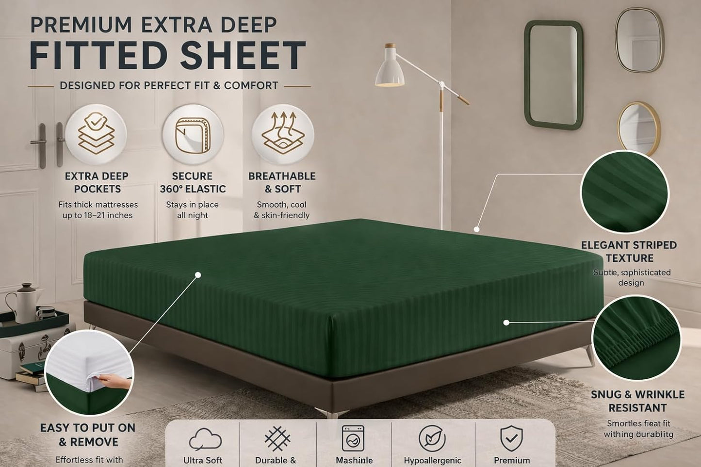 Microfiber Embossed Stripe Extra Deep Fitted Sheet 40cm – Brushed Soft Fitted Bed Sheet | Night Zone