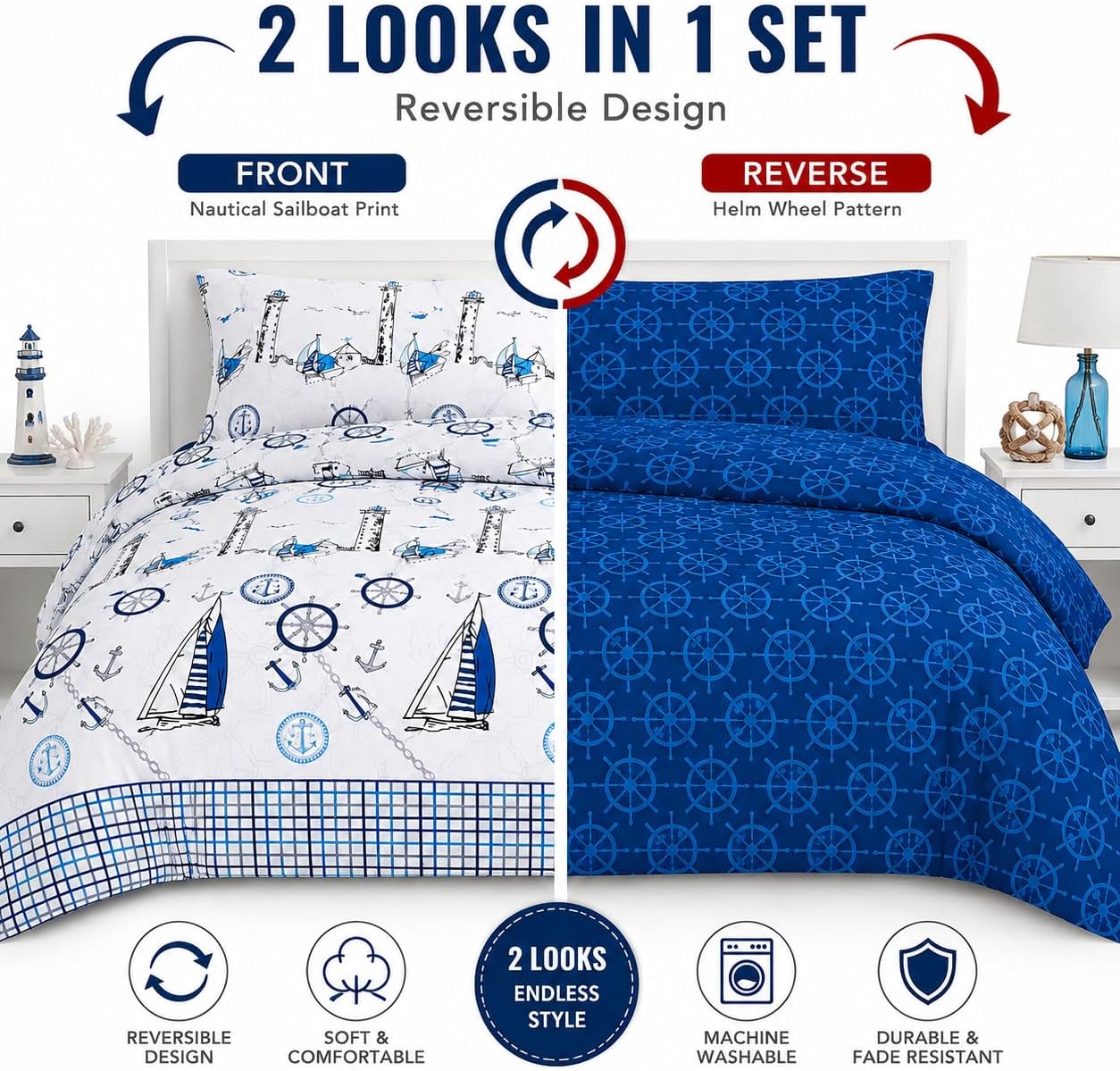 Jake Sailor Coastal Ship Duvet Cover Set – Reversible Nautical Quilt Cover Luxury Bedding | Night Zone