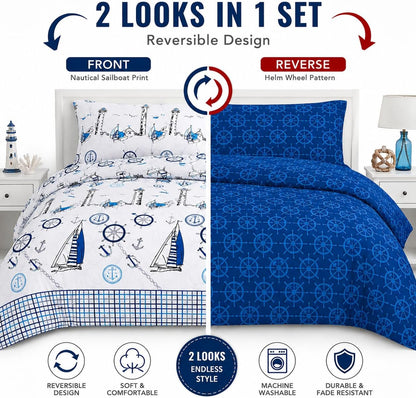 Jake Sailor Coastal Ship Duvet Cover Set – Reversible Nautical Quilt Cover Luxury Bedding | Night Zone