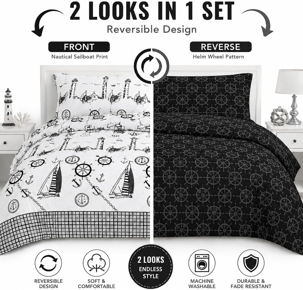Jake Sailor Coastal Ship Duvet Cover Set – Reversible Nautical Quilt Cover Luxury Bedding | Night Zone