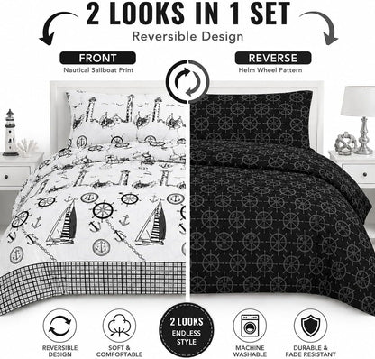 Jake Sailor Coastal Ship Duvet Cover Set – Reversible Nautical Quilt Cover Luxury Bedding | Night Zone