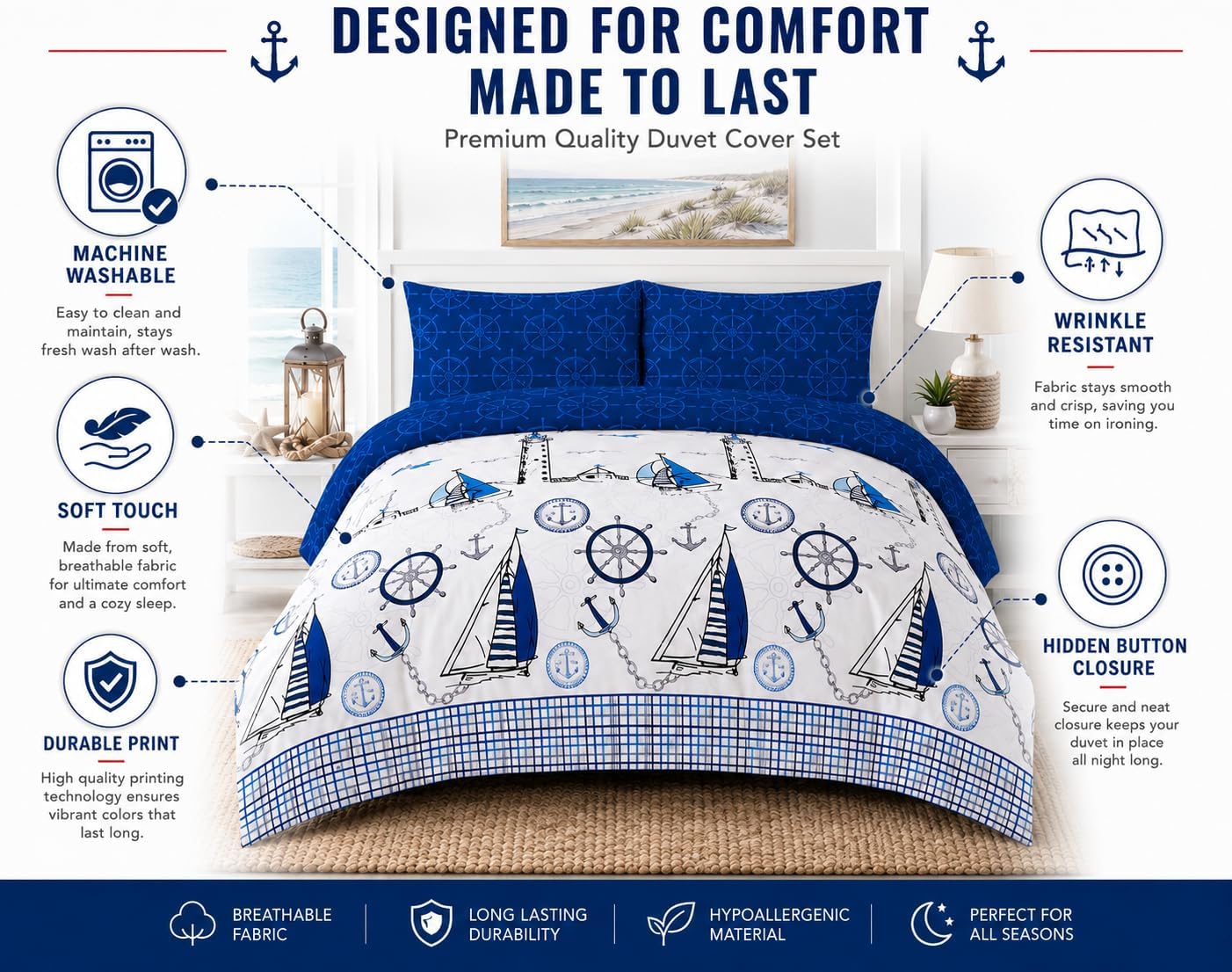 Jake Sailor Coastal Ship Duvet Cover Set – Reversible Nautical Quilt Cover Luxury Bedding | Night Zone