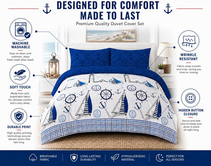 Jake Sailor Coastal Ship Duvet Cover Set – Reversible Nautical Quilt Cover Luxury Bedding | Night Zone