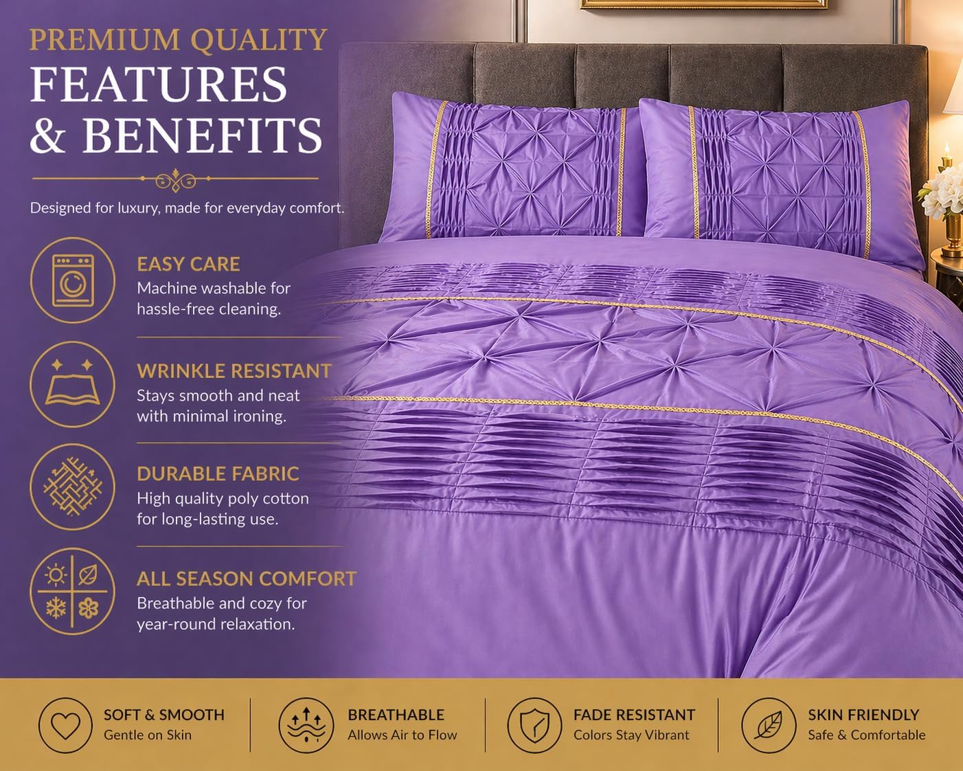 Eleanor Pintuck Polycotton Duvet Cover Set – Luxury Hotel Style Bedding | Night Zone