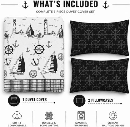 Jake Sailor Coastal Ship Duvet Cover Set – Reversible Nautical Quilt Cover Luxury Bedding | Night Zone