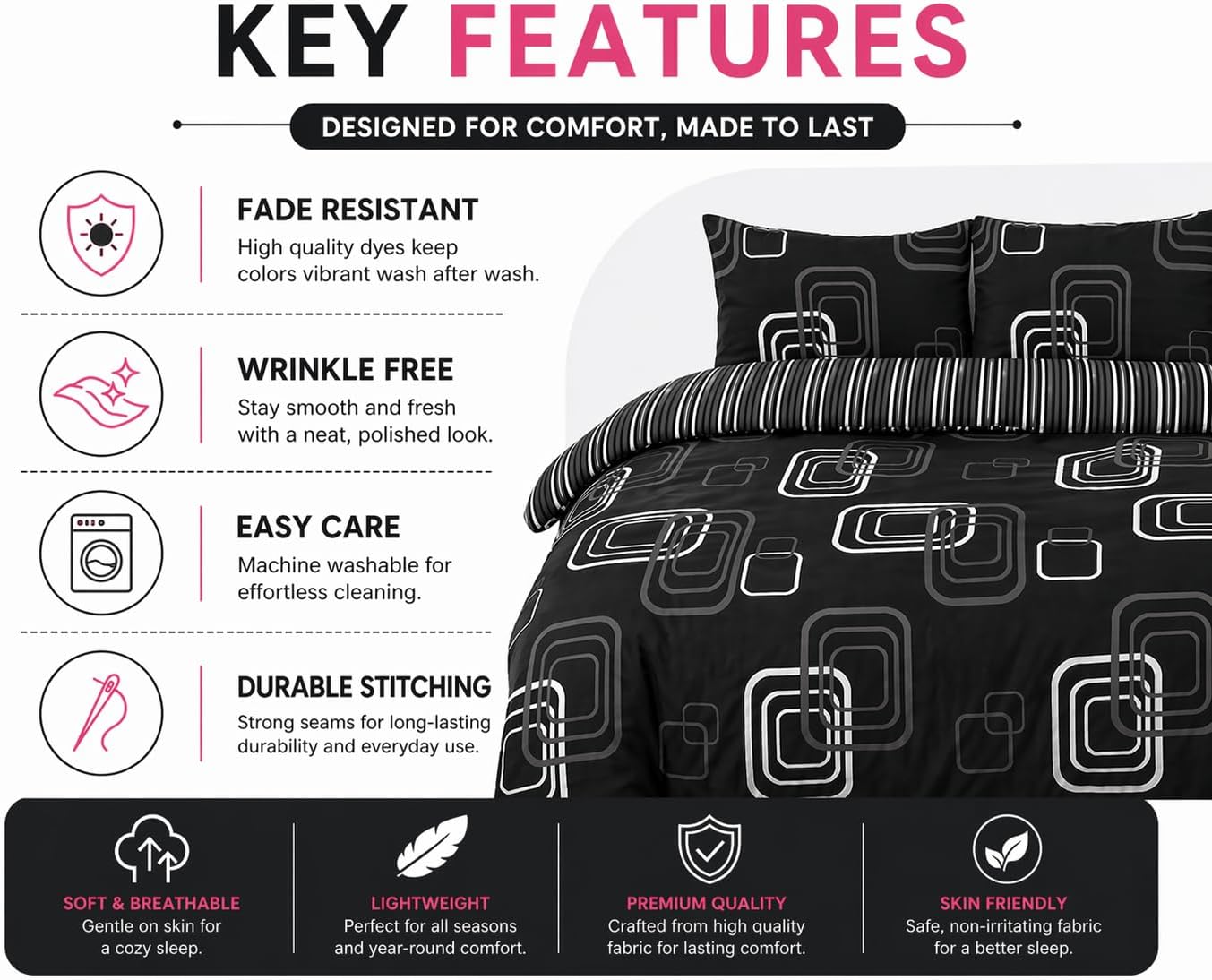 Blake Geometric Printed Polycotton Duvet Cover Set – Modern Easy Care Bedding | Night Zone