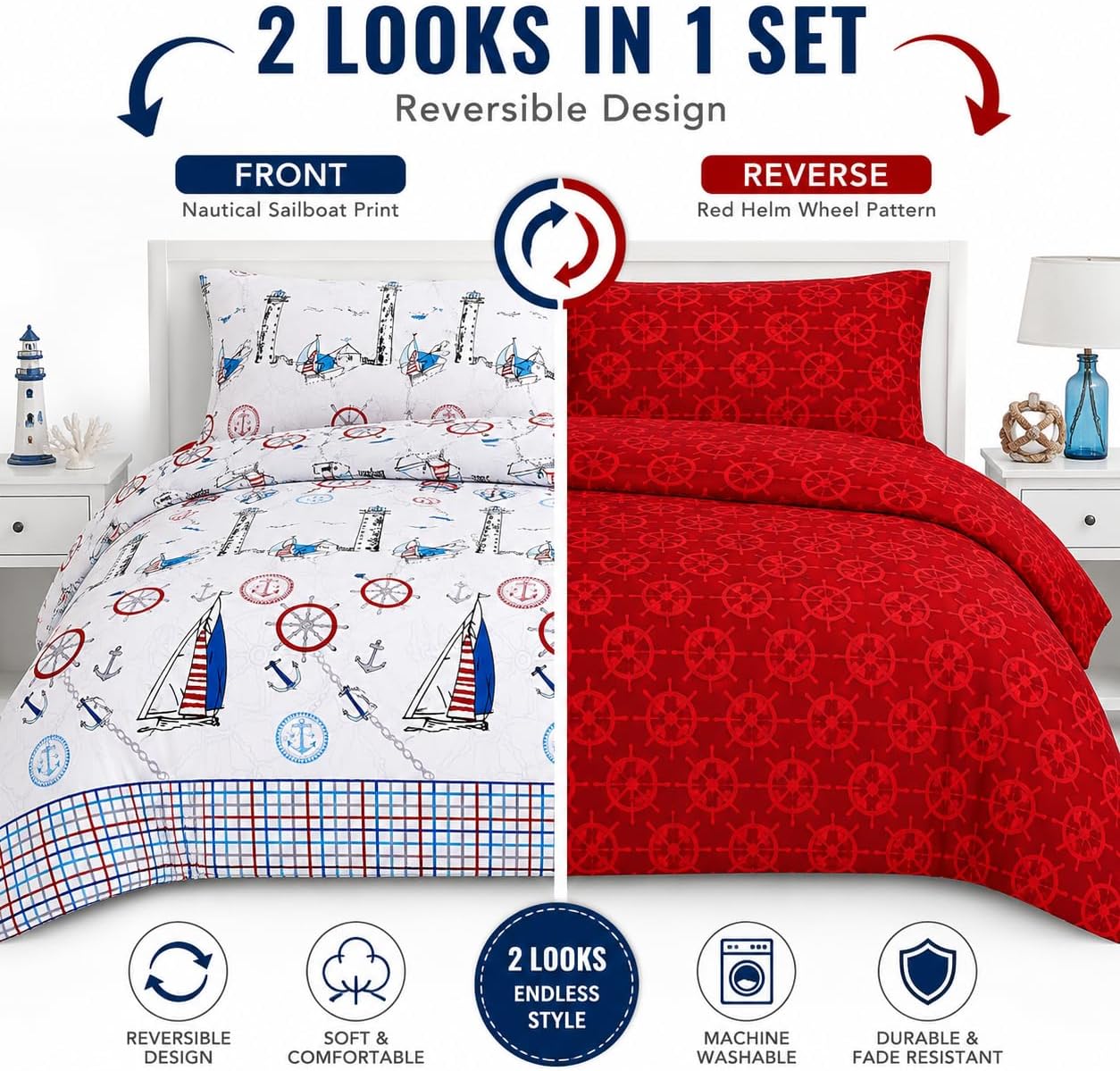 Jake Sailor Coastal Ship Duvet Cover Set – Reversible Nautical Quilt Cover Luxury Bedding | Night Zone