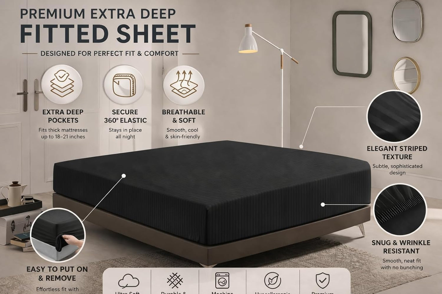 Microfiber Embossed Stripe Extra Deep Fitted Sheet 40cm – Brushed Soft Fitted Bed Sheet | Night Zone
