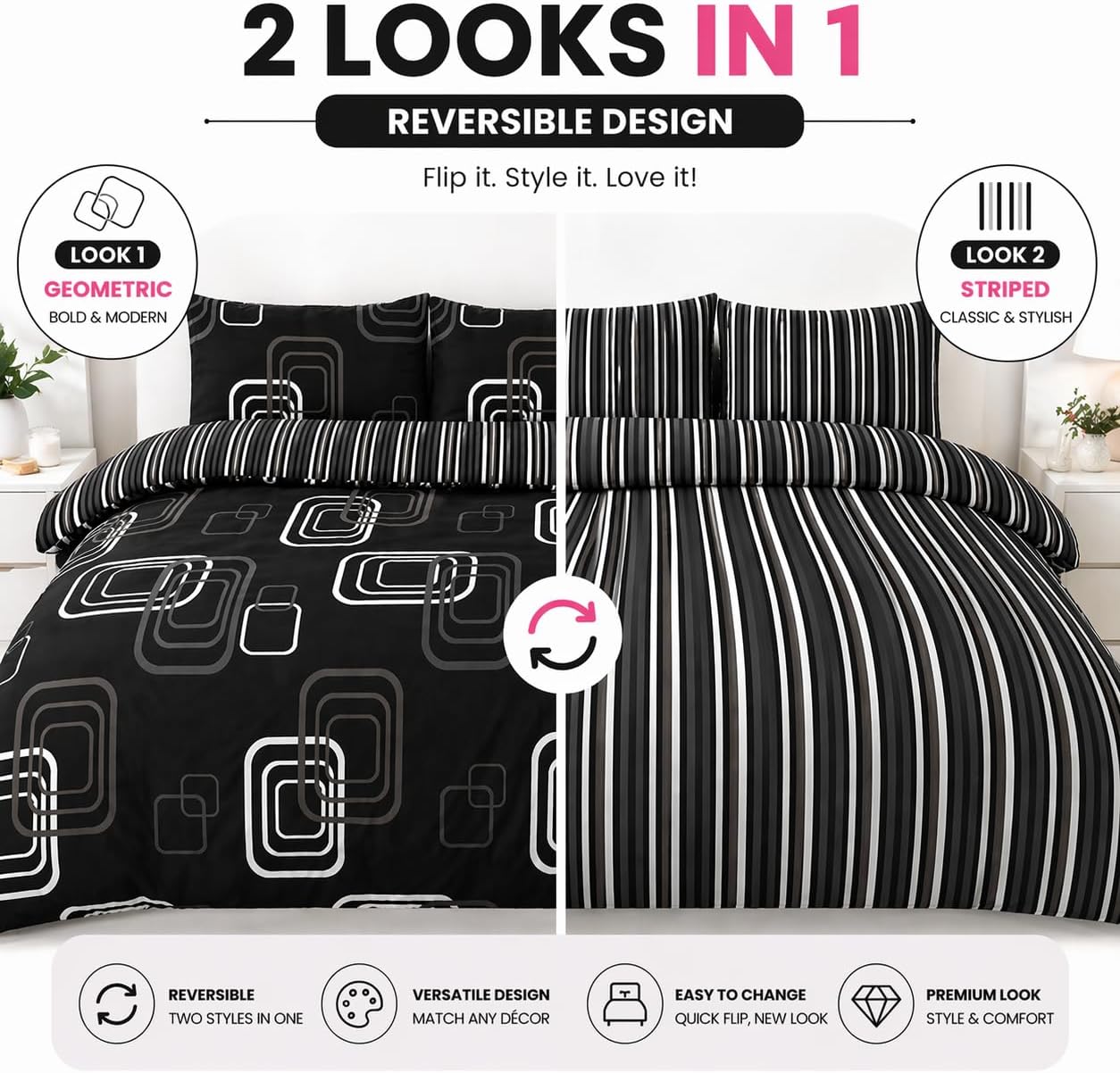 Blake Geometric Printed Polycotton Duvet Cover Set – Modern Easy Care Bedding | Night Zone