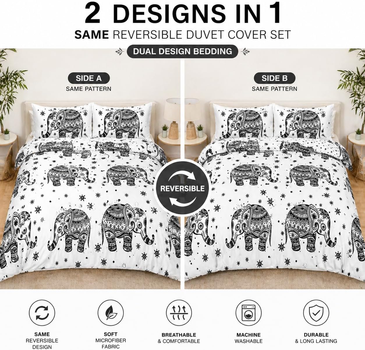Elephant Animal Printed Polycotton Duvet Cover Set – Safari Wildlife Bedding | Night Zone