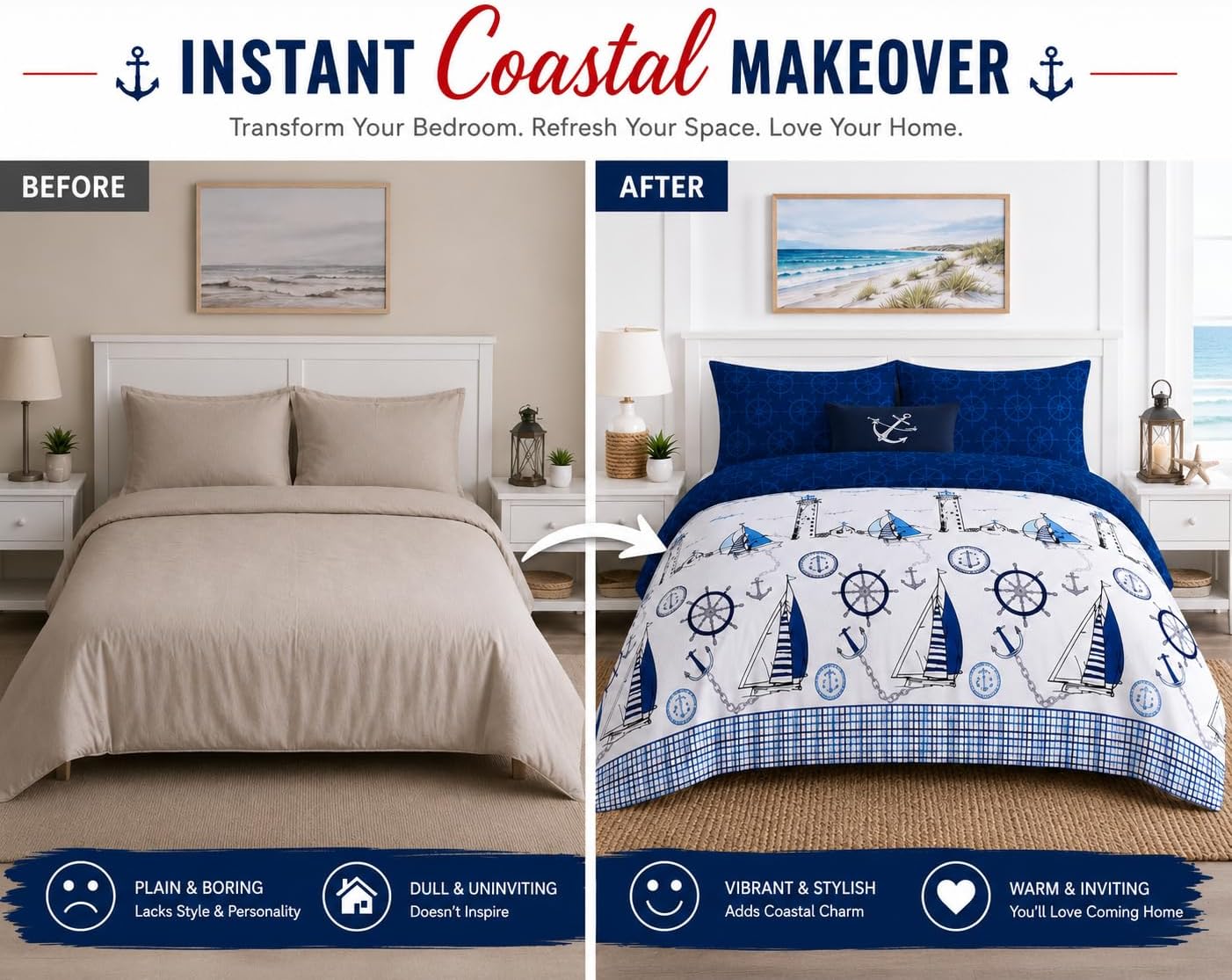 Jake Sailor Coastal Ship Duvet Cover Set – Reversible Nautical Quilt Cover Luxury Bedding | Night Zone
