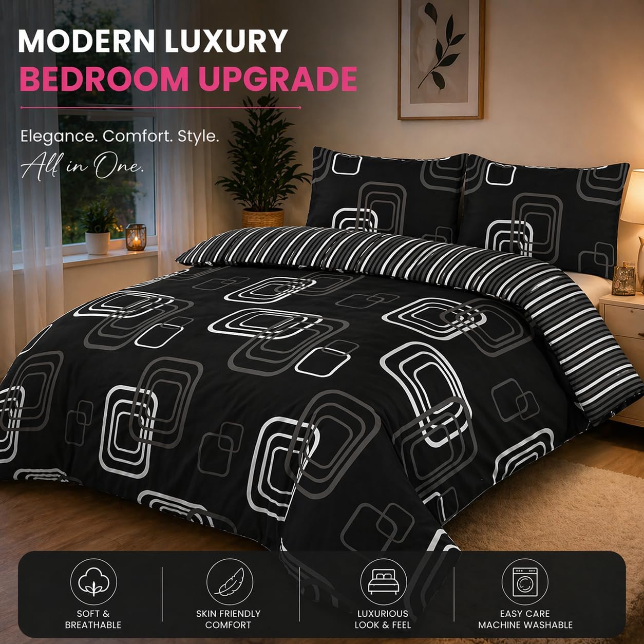 Blake Geometric Printed Polycotton Duvet Cover Set – Modern Easy Care Bedding | Night Zone