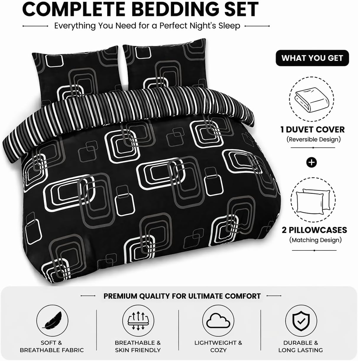 Blake Geometric Printed Polycotton Duvet Cover Set – Modern Easy Care Bedding | Night Zone