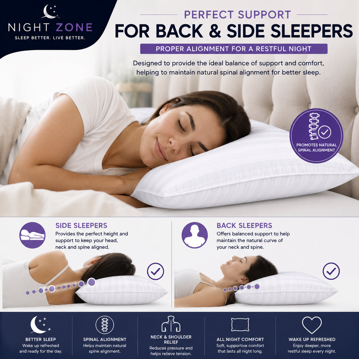 Satin Stripe Pillows – Soft Hollow Fibre Hotel Quality Pillows | Night Zone