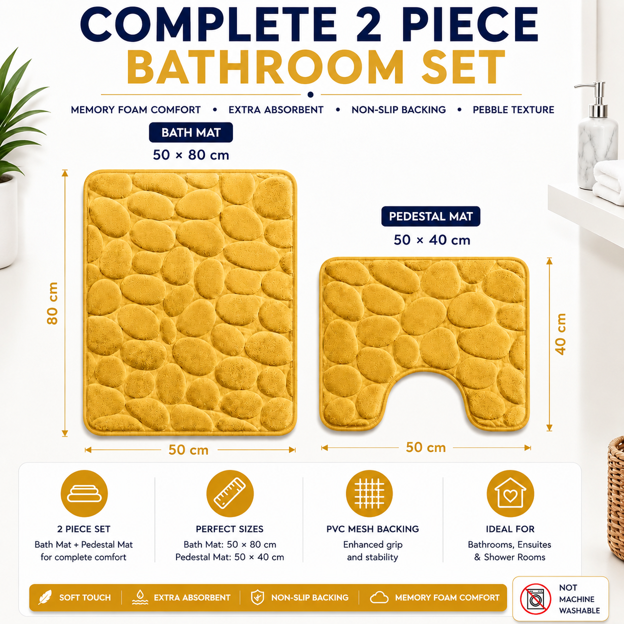 Pebble Stone Bath Mat Set – Soft Absorbent Non Slip Bathroom Rug Set | Night Zone