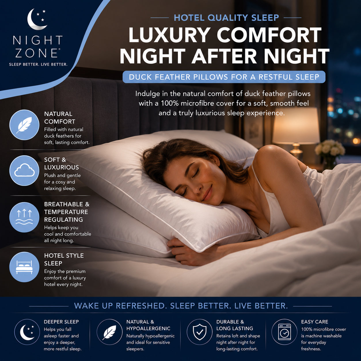 Duck Feather & Down Pillows Pair – 85% Feather 15% Down Filling with 100% Microfiber Cover | Night Zone