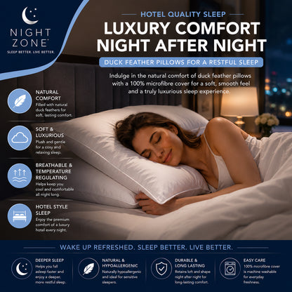 Duck Feather & Down Pillows Pair – 85% Feather 15% Down Filling with 100% Microfiber Cover | Night Zone