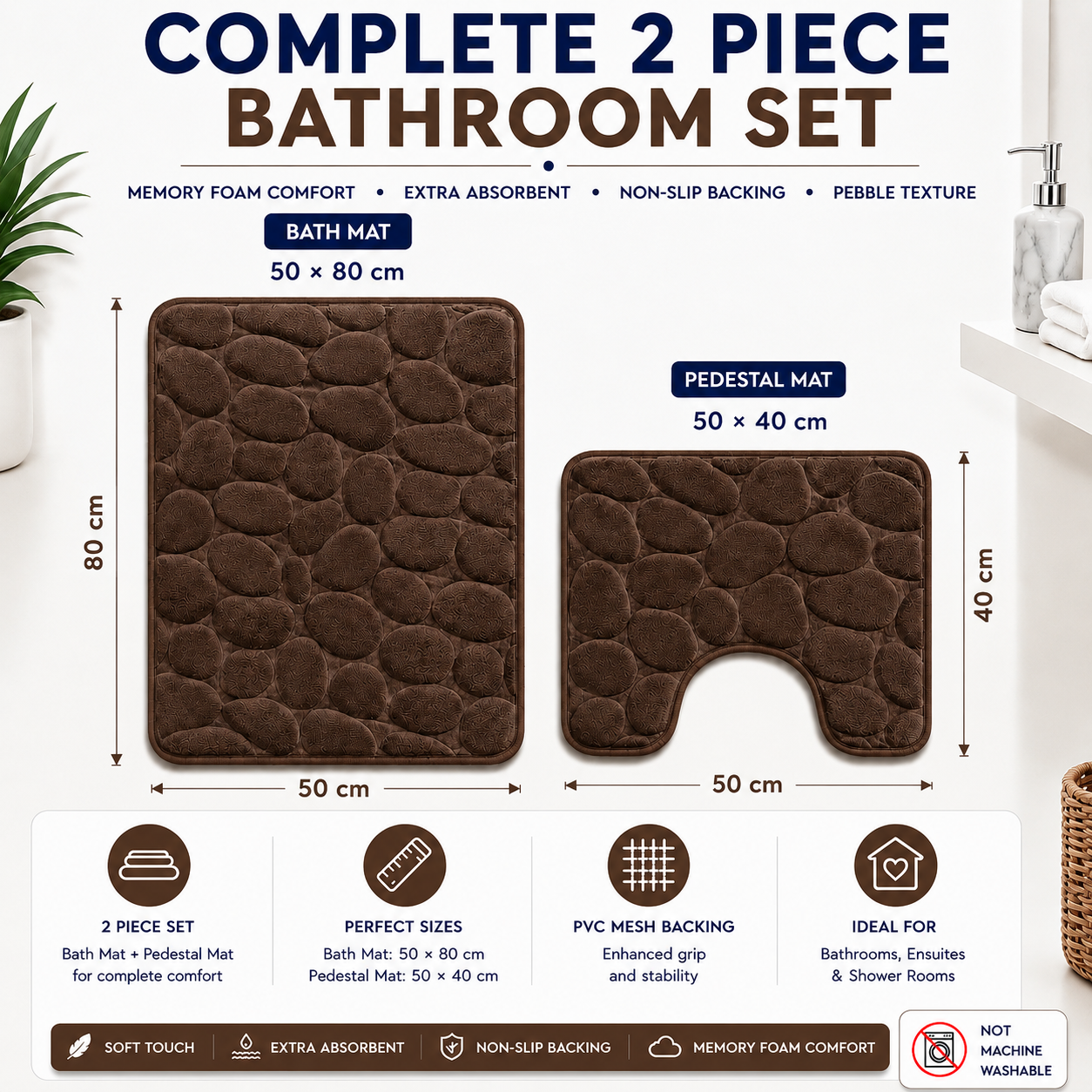 Pebble Stone Bath Mat Set – Soft Absorbent Non Slip Bathroom Rug Set | Night Zone