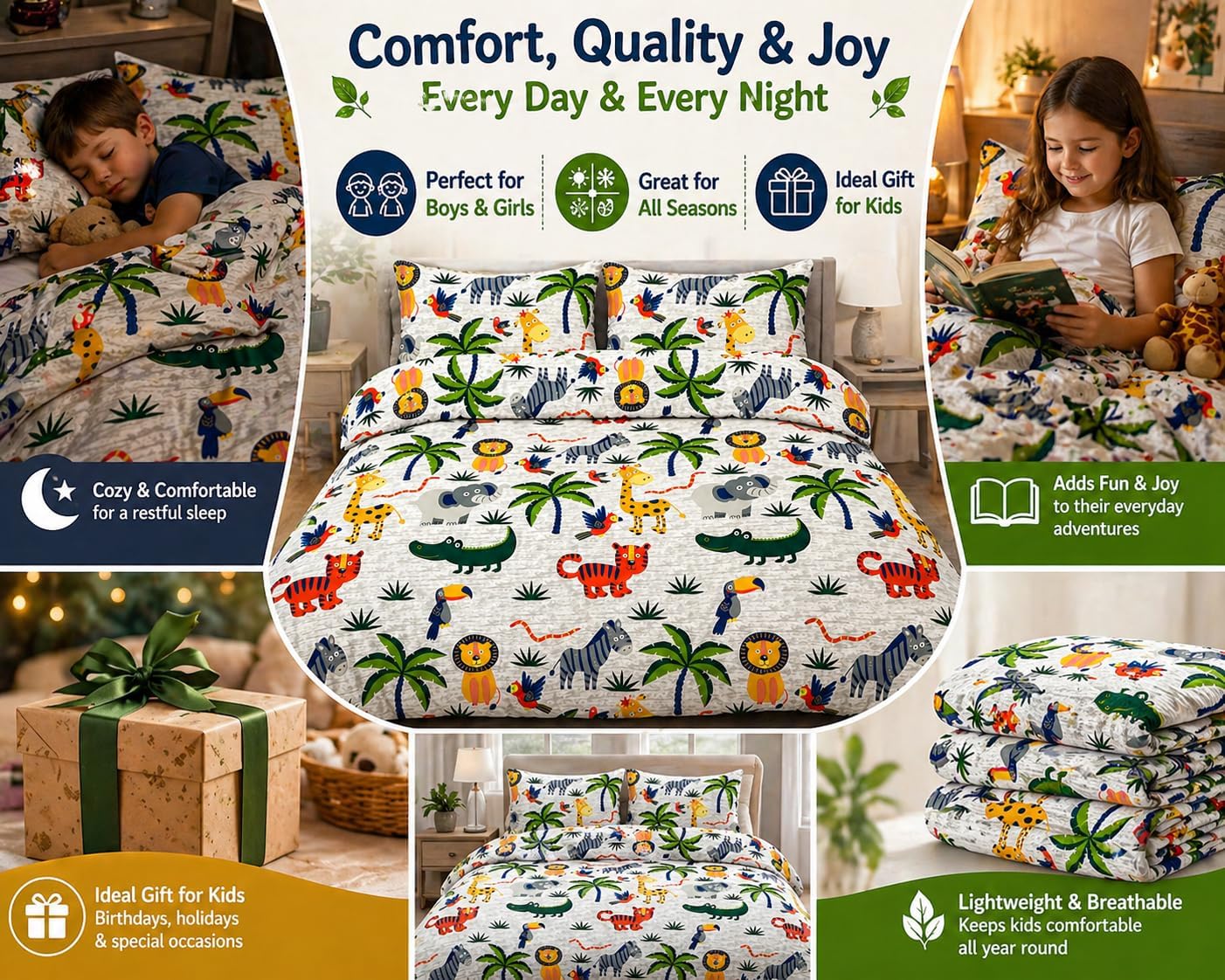 Animals Jungle Design Printed Duvet Cover Set – Safari Kids Bedding | Night Zone