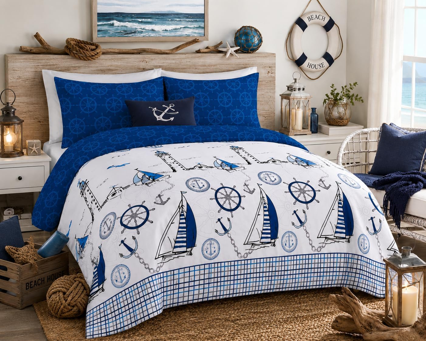 Jake Sailor Coastal Ship Duvet Cover Set – Reversible Nautical Quilt Cover Luxury Bedding | Night Zone
