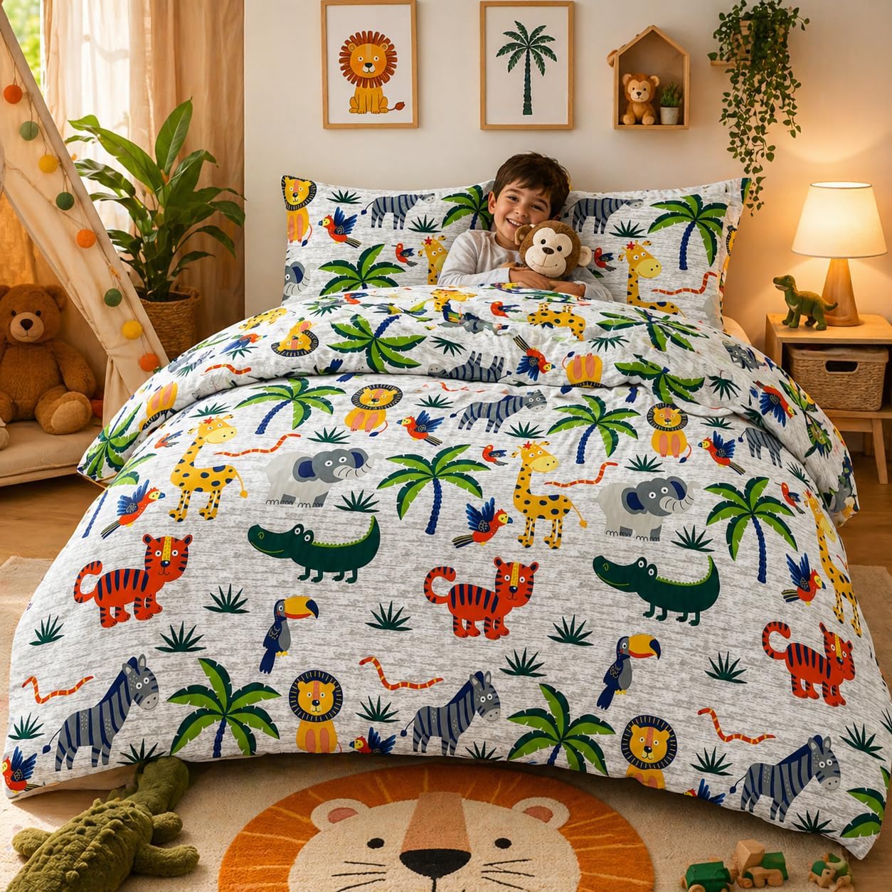 Animals Jungle Design Printed Duvet Cover Set – Safari Kids Bedding | Night Zone