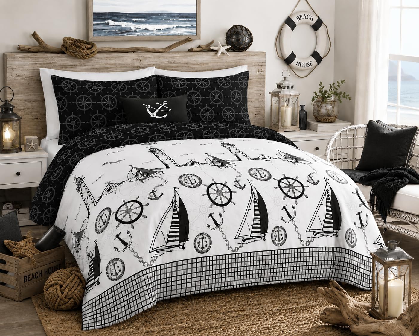 Jake Sailor Coastal Ship Duvet Cover Set – Reversible Nautical Quilt Cover Luxury Bedding | Night Zone