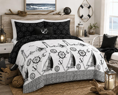 Jake Sailor Coastal Ship Duvet Cover Set – Reversible Nautical Quilt Cover Luxury Bedding | Night Zone