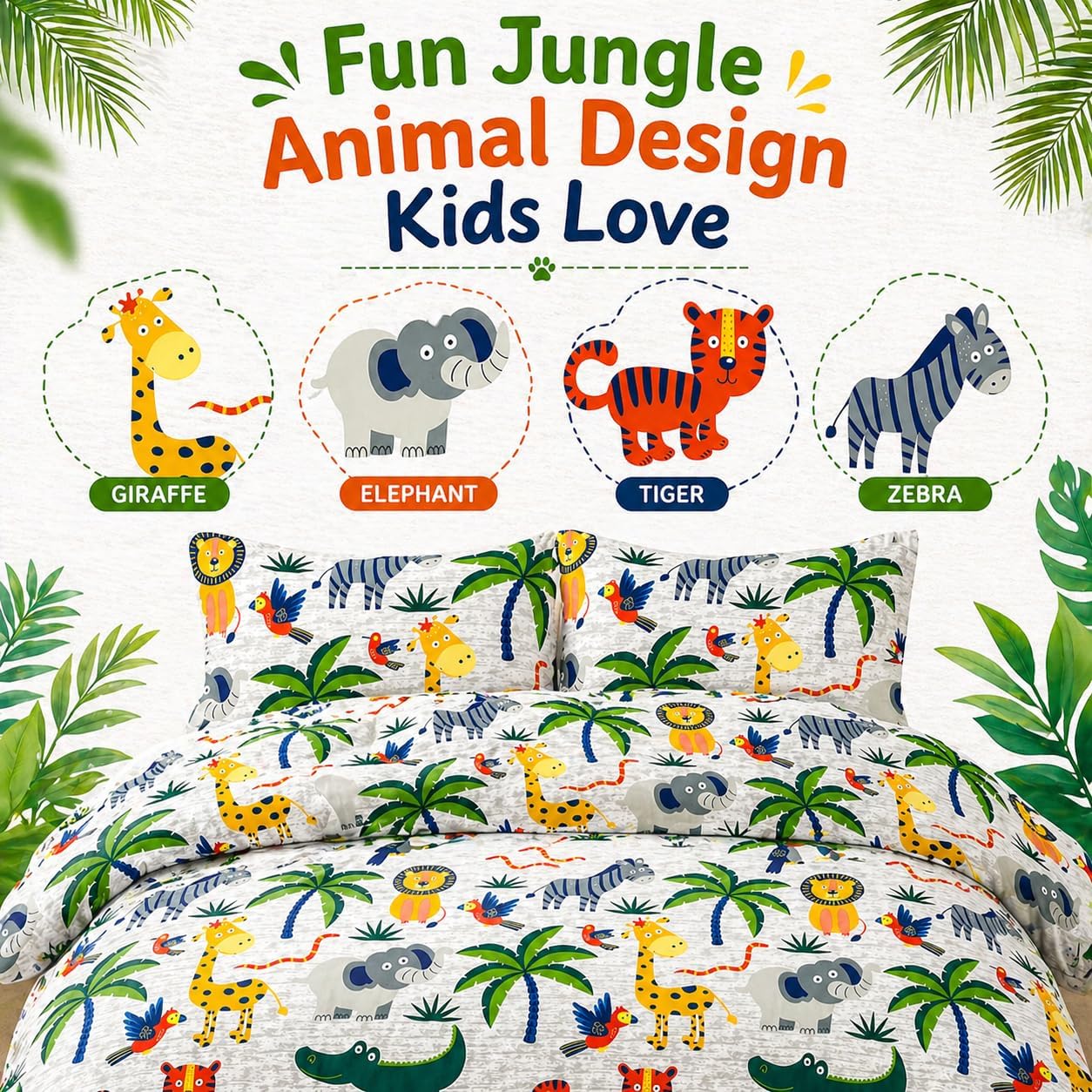Animals Jungle Design Printed Duvet Cover Set – Safari Kids Bedding | Night Zone