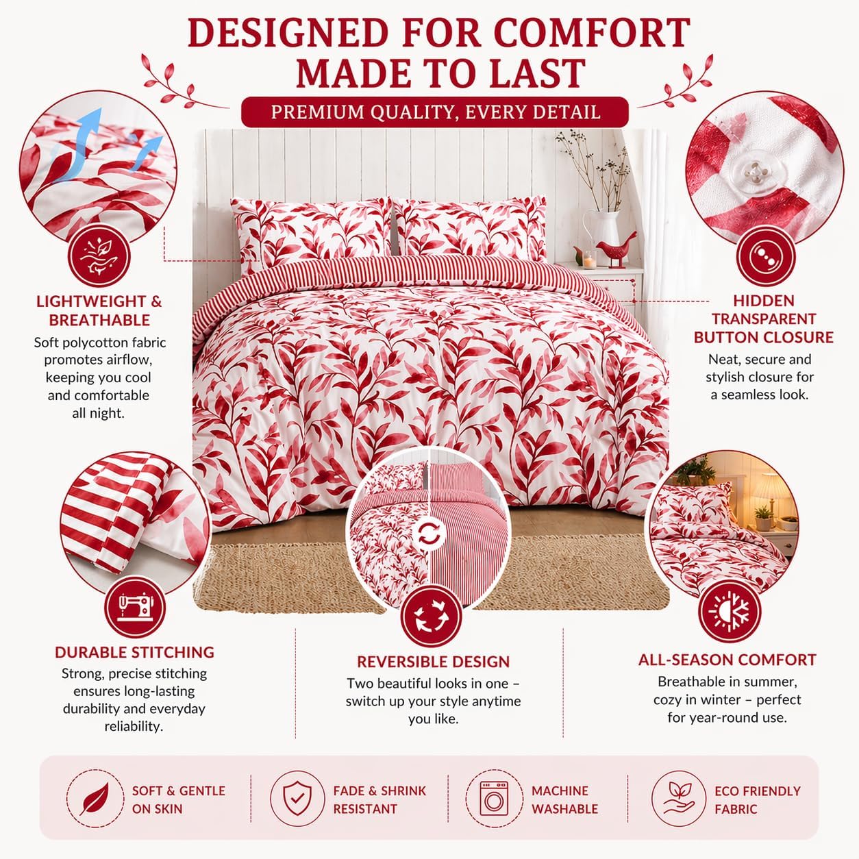 Ellie Leaf Printed Floral Duvet Cover Set – Soft Easy Care Botanical Bedding | Night Zone