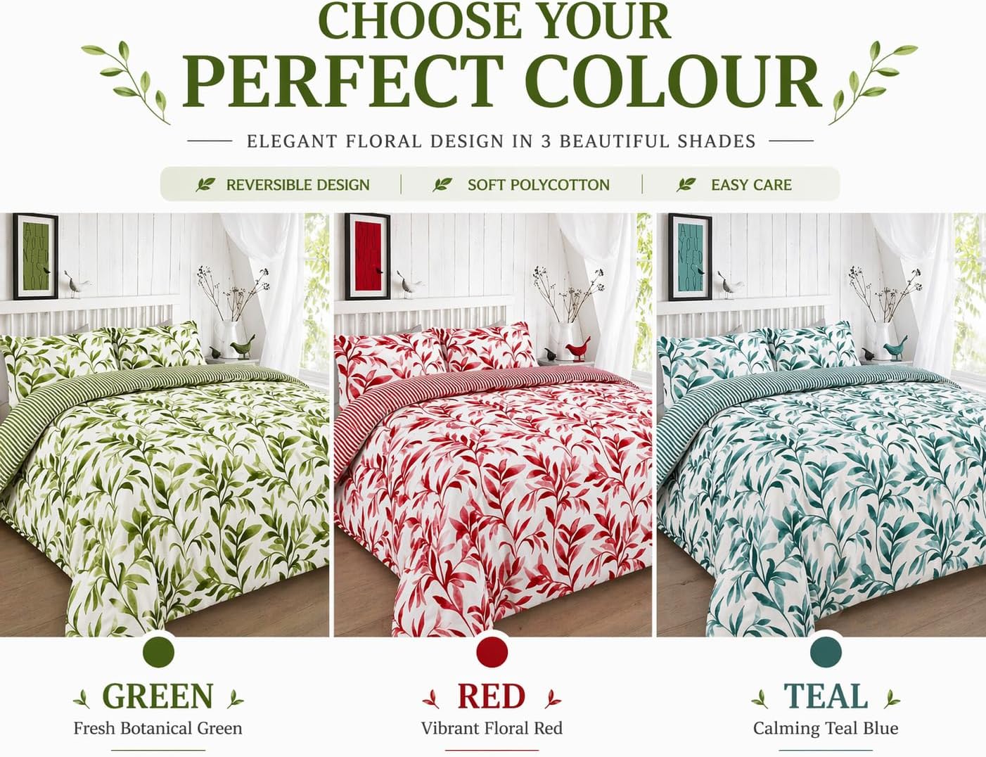 Ellie Leaf Printed Floral Duvet Cover Set – Soft Easy Care Botanical Bedding | Night Zone