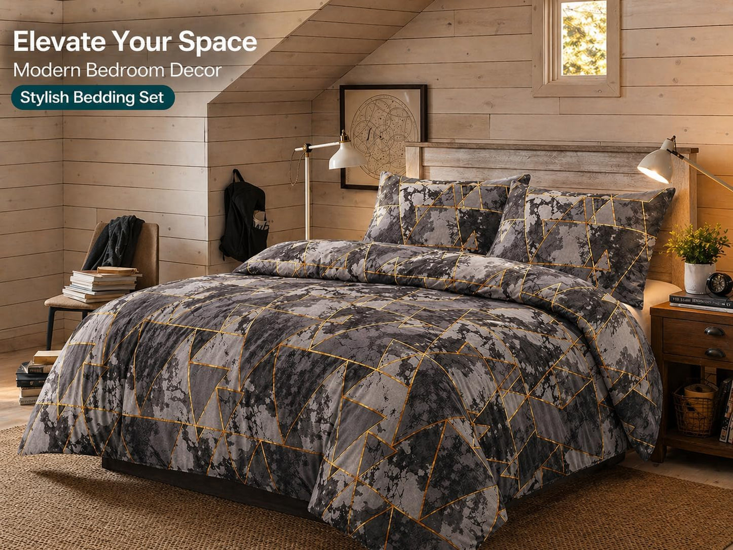 Arlo Triangles Geometric Reversible Duvet Cover Set – Modern Easy Care Bedding | Night Zone