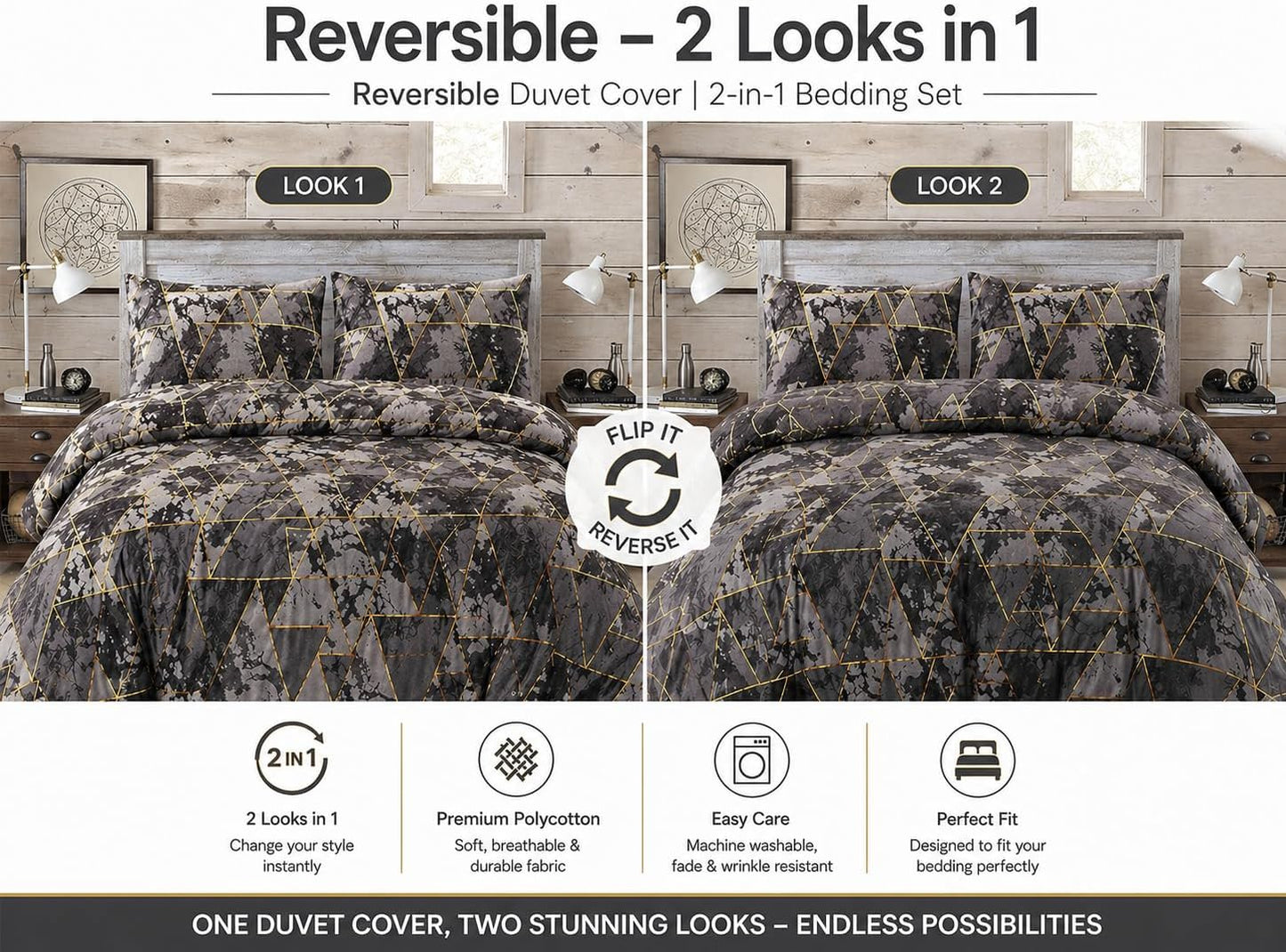Arlo Triangles Geometric Reversible Duvet Cover Set – Modern Easy Care Bedding | Night Zone
