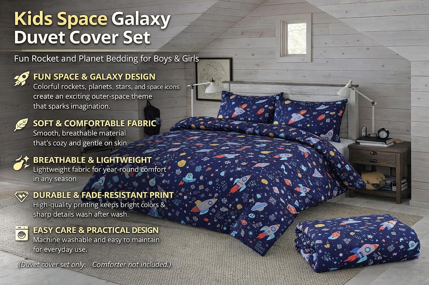 Kids Space Galaxy Duvet Cover Set – Rocket & Planet Bedding for Children | Night Zone