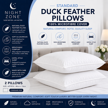 Duck Feather & Down Pillows Pair – 85% Feather 15% Down Filling with 100% Microfiber Cover | Night Zone