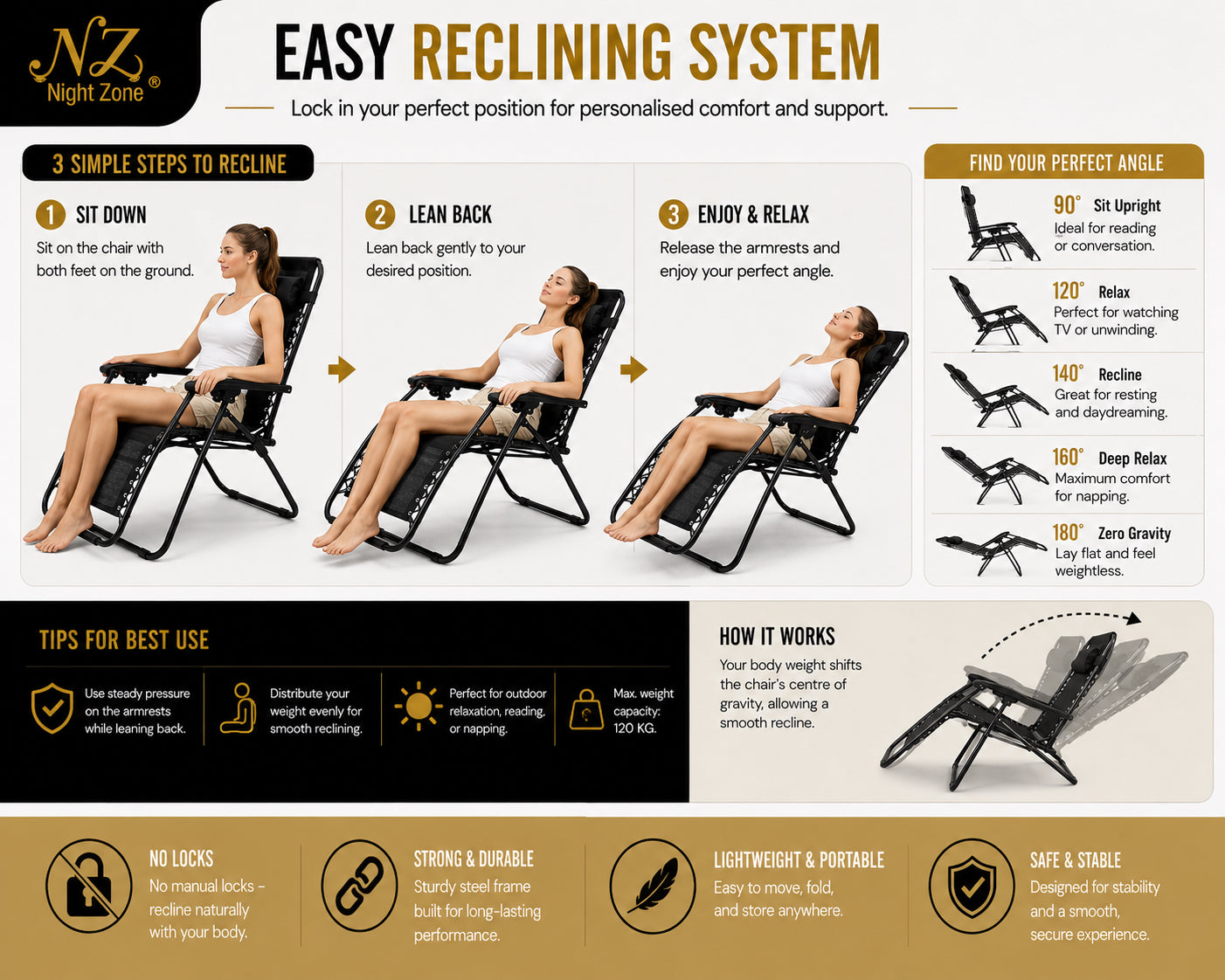 Zero Gravity Folding Sun Lounger Chair – Adjustable Reclining Garden Chair with Headrest | Night Zone