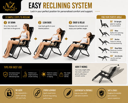 Zero Gravity Folding Sun Lounger Chair – Adjustable Reclining Garden Chair with Headrest | Night Zone