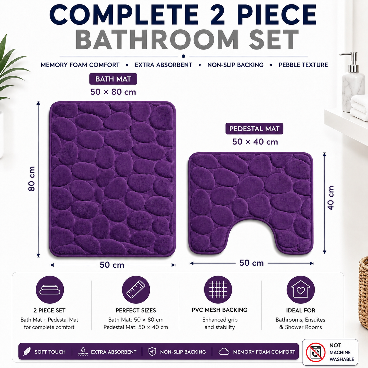 Pebble Stone Bath Mat Set – Soft Absorbent Non Slip Bathroom Rug Set | Night Zone