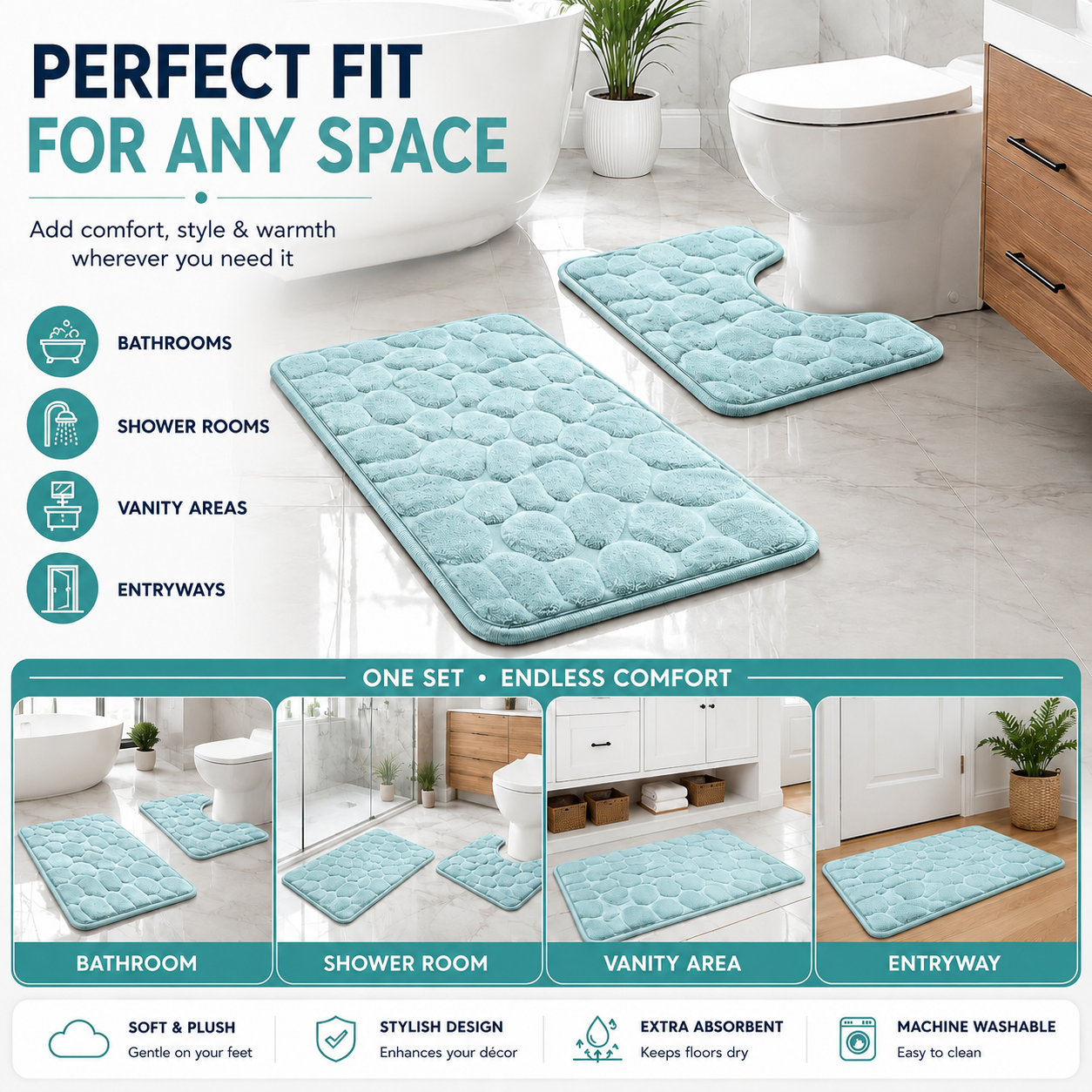 Pebble Stone Bath Mat Set – Soft Absorbent Non Slip Bathroom Rug Set | Night Zone